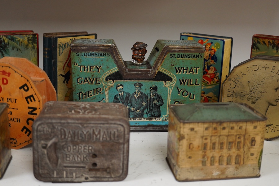 A quantity of various painted tin money boxes including Lucie Attwell Fairy House, The ‘Daily Mail’ copper bank, and four in the form of books, largest 20cm high. Condition - mostly fair